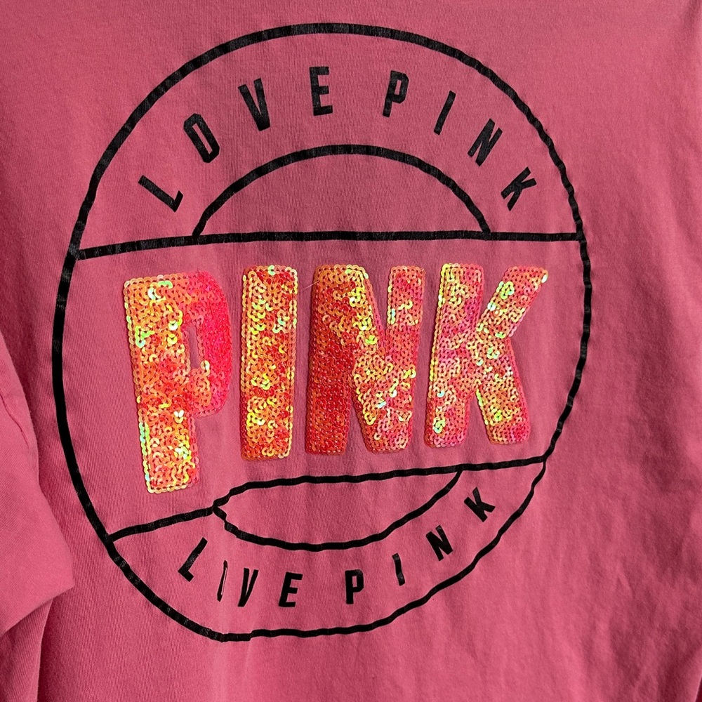 PINK Victoria's Secret Pink Long Sleeve Tee Black Mesh Detail Medium Oversized - Picture 6 of 13
